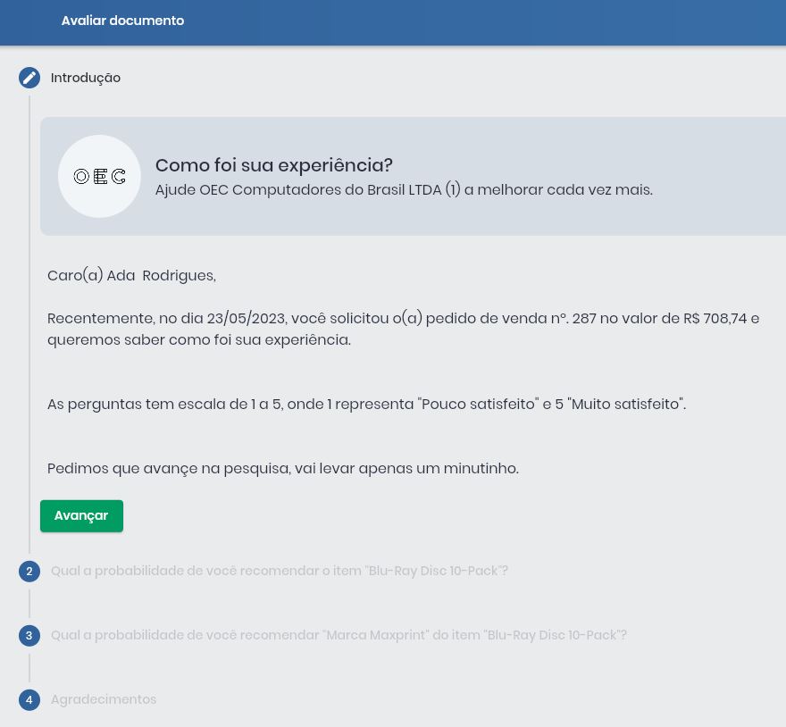 Tela de introdução do formulário de avaliação