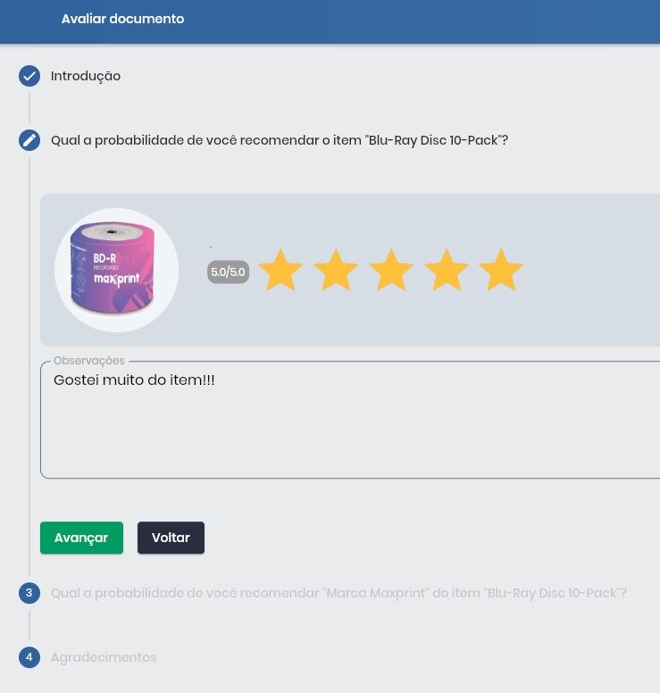Formulário de avaliação de um produto específico