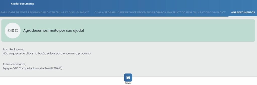 Tela de agradecimento ao final do processo