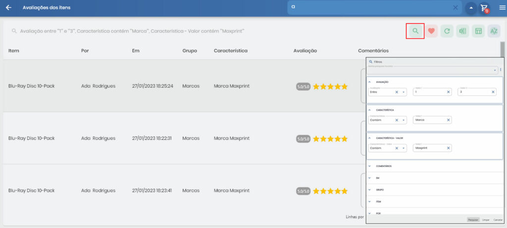 Interface do relatório gerencial de avaliações