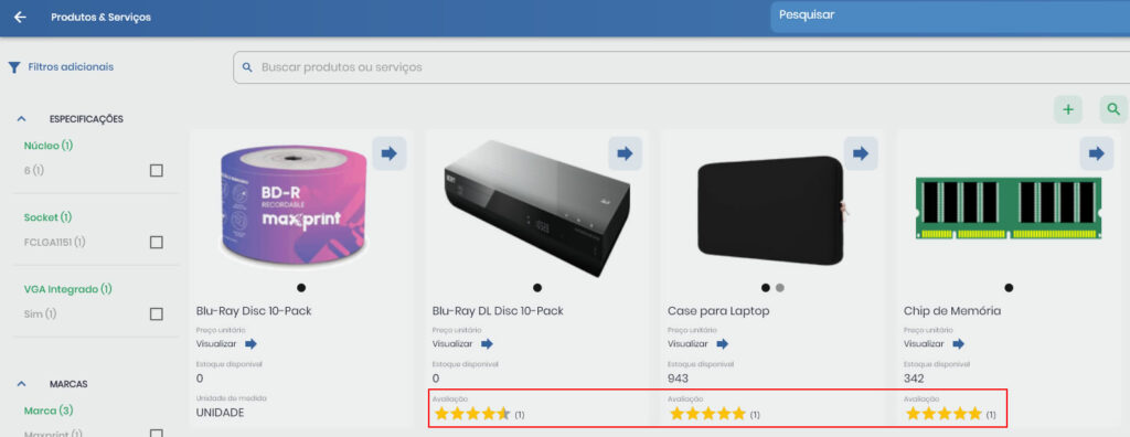 Visualização de resumo das avaliações na listagem de produtos