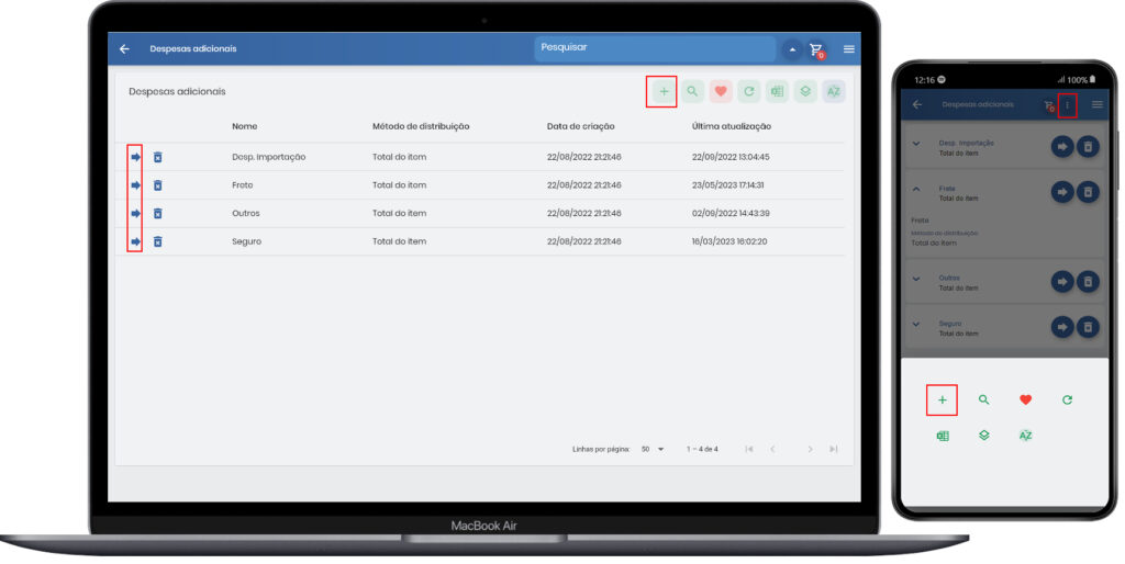 Tela principal de despesas adicionais mostrando listagem e botão adicionar