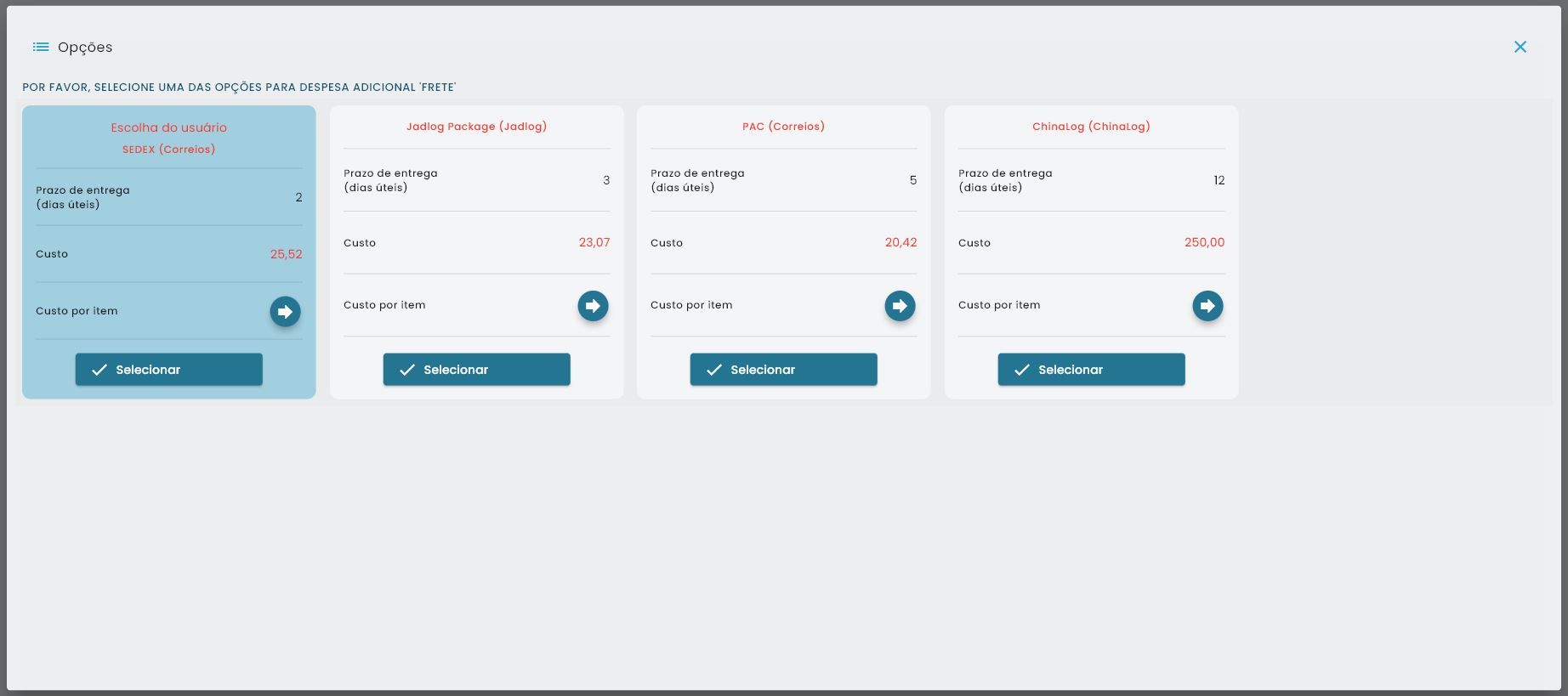 Opção de frete escolhida exibida como selecionada por padrão ao gerar etiqueta