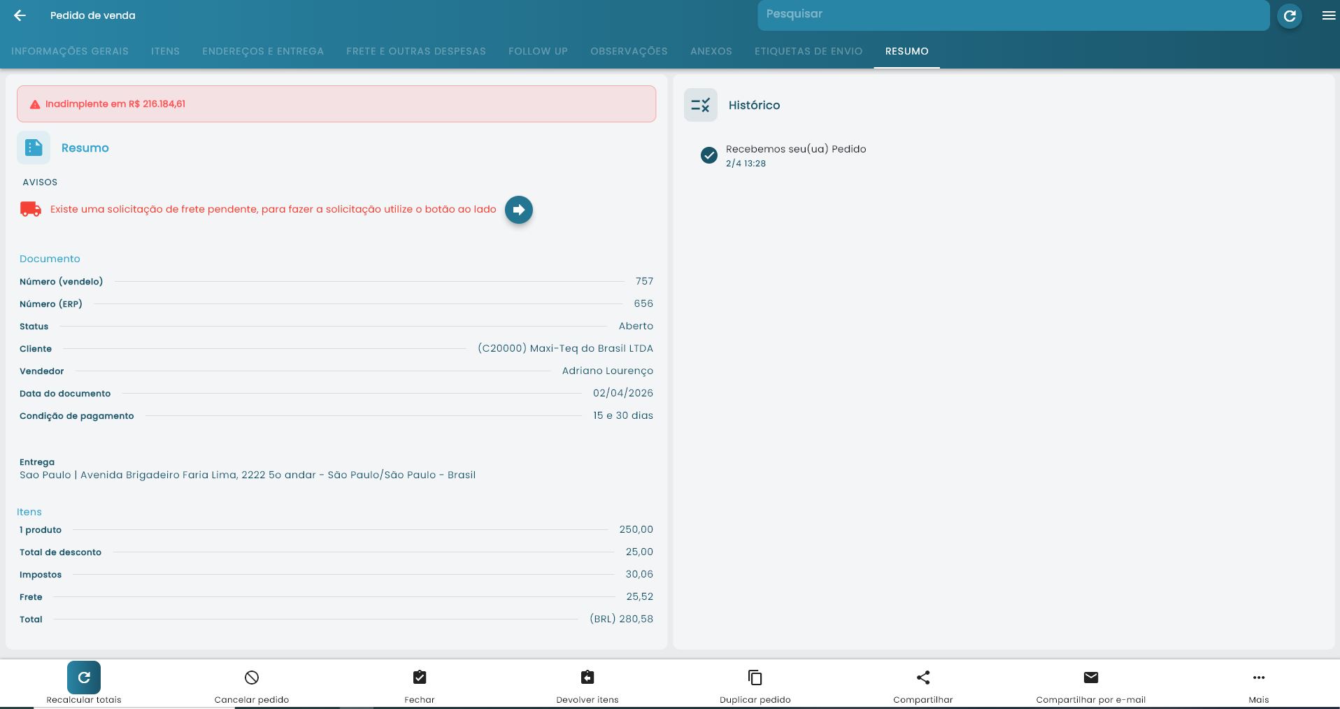 Aviso na interface sobre etiquetas pendentes de geração
