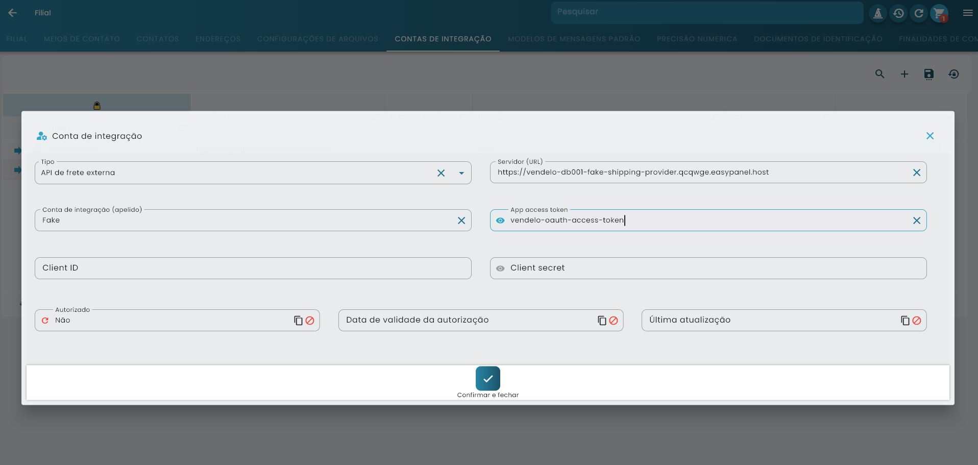 Formulário de configuração de conta de integração TMS externo