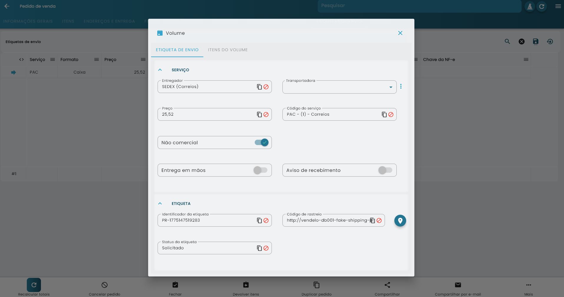 Detalhes do volume registrado com etiqueta de envio gerada