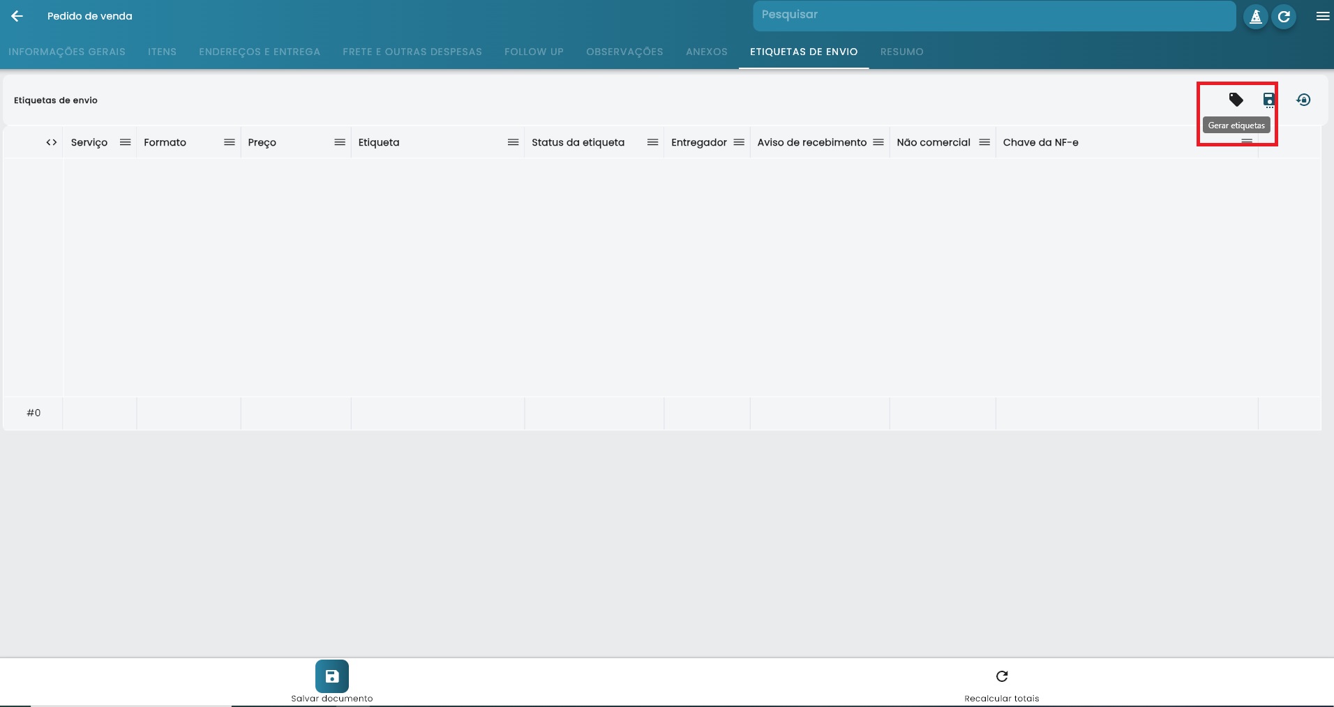 Botão de gerar etiqueta pendente na interface do usuário