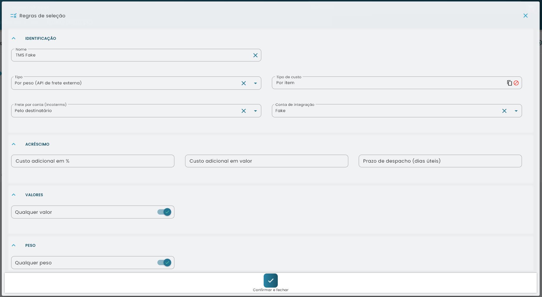 Tela de configuração de regra de despesa adicional mostrando tipo PER_WEIGHT_FROM_EXTERNAL_SHIPPING_PROVIDER
