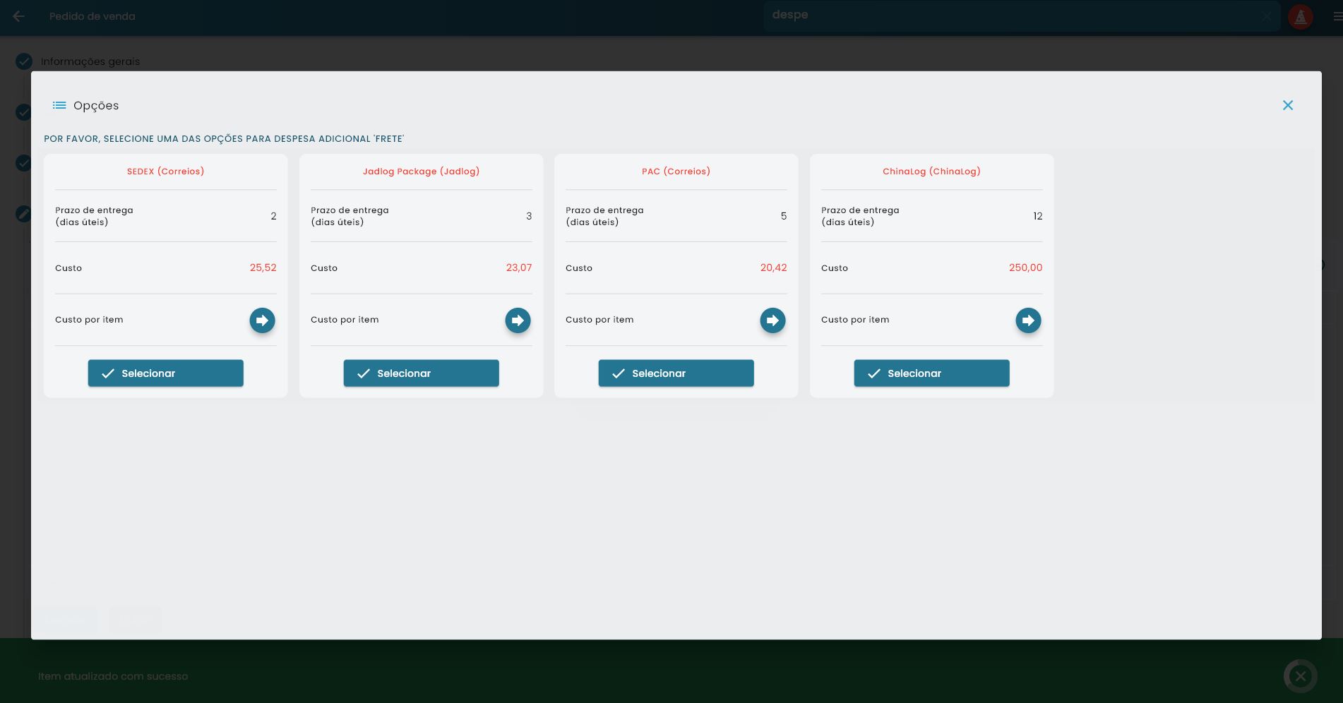 Interface mostrando opções de frete com seleção automática habilitada