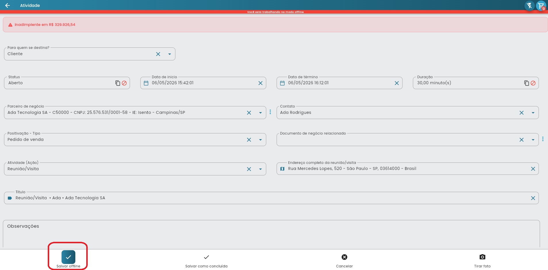 Tela de uma Atividade em modo offline com opções de salvamento local