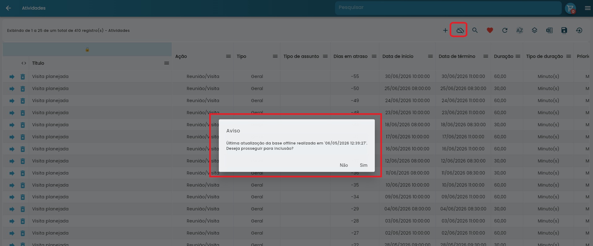 Lista de Atividades com o botão de criação offline disponível e aviso da data da base local