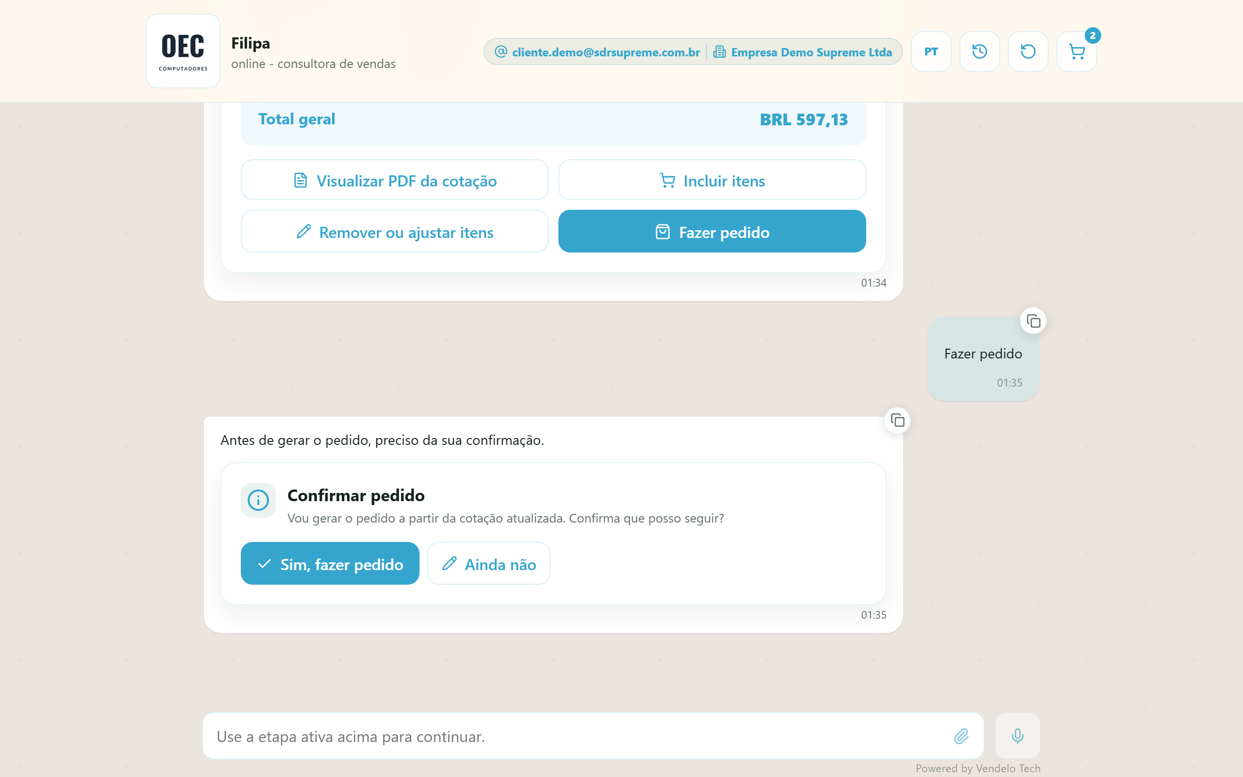 Confirmação explícita antes de gerar o pedido (desktop)