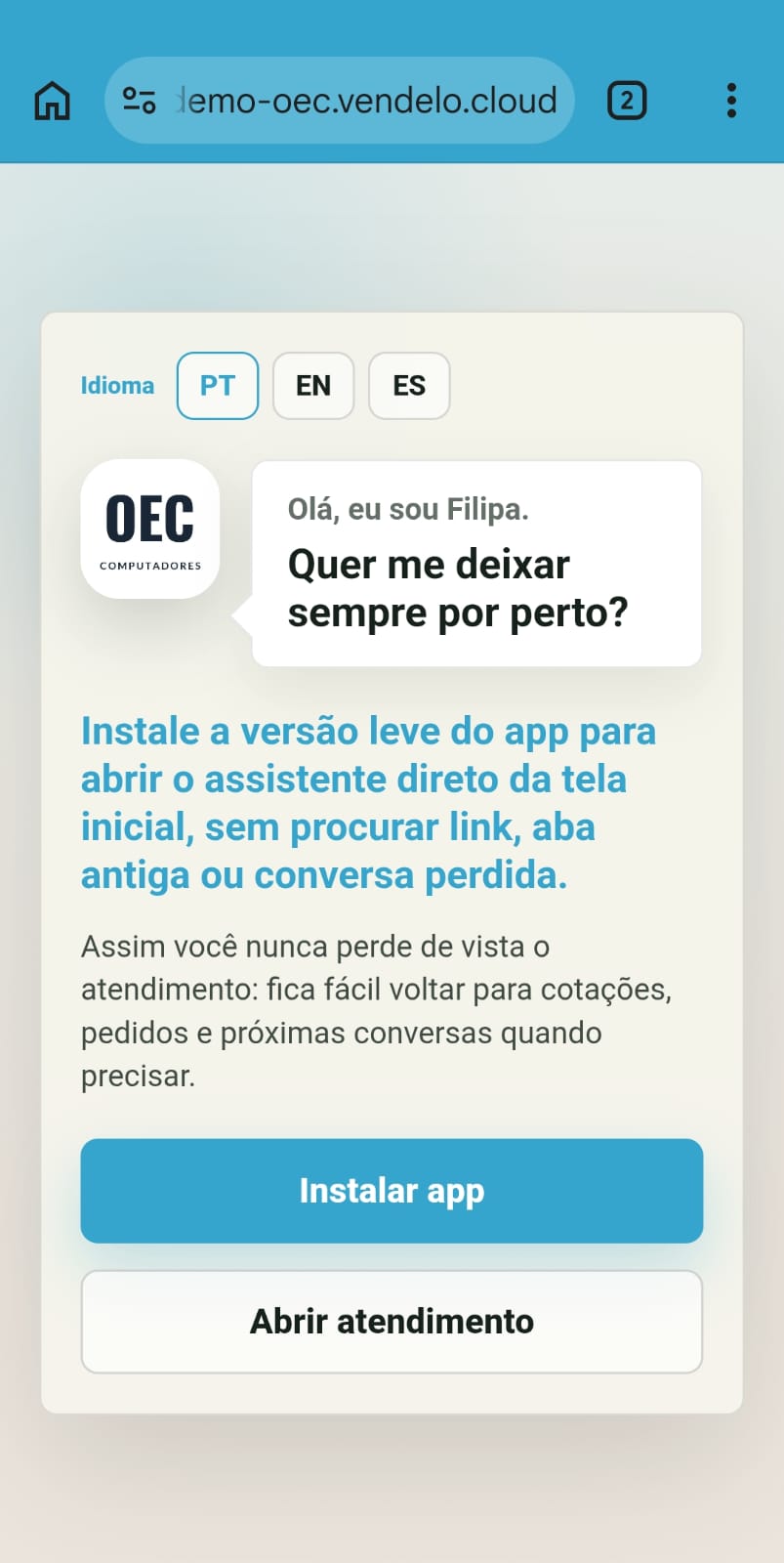Convite de instalação no celular, com o logo e o nome da empresa contratante e os botões Instalar app e Abrir atendimento