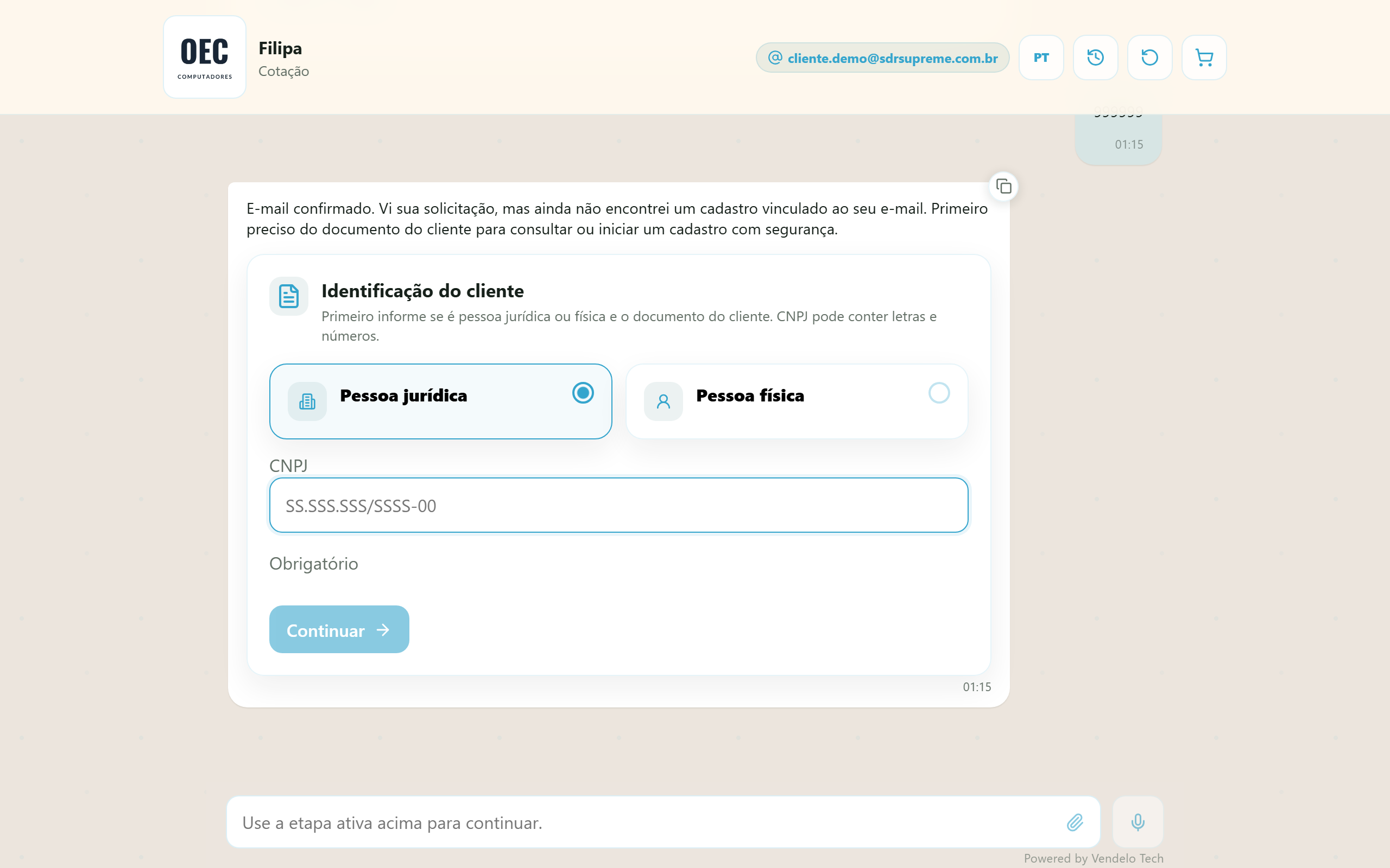 Formulário de documento do cliente — alternância PJ/PF com máscara de CNPJ (desktop)