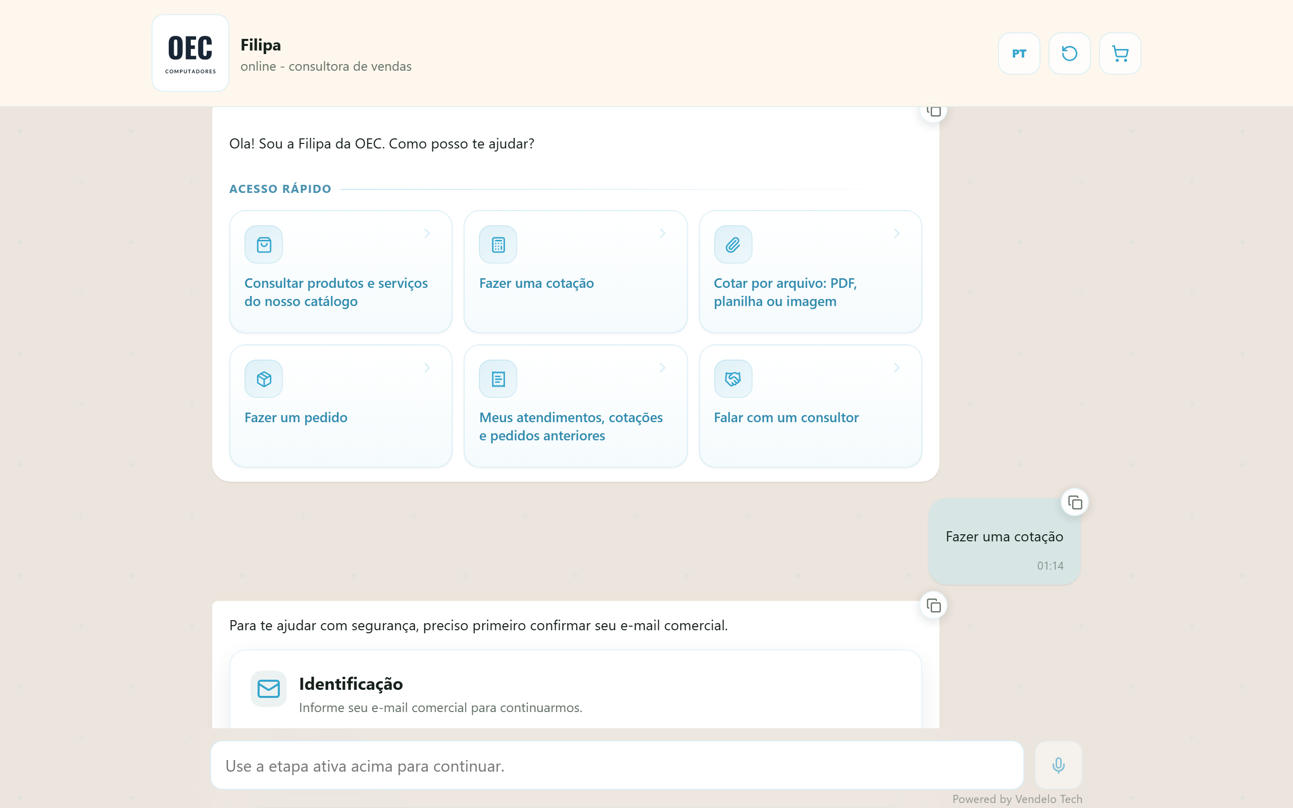 A porta de entrada — o assistente pede o e-mail comercial antes de liberar qualquer preço (desktop)