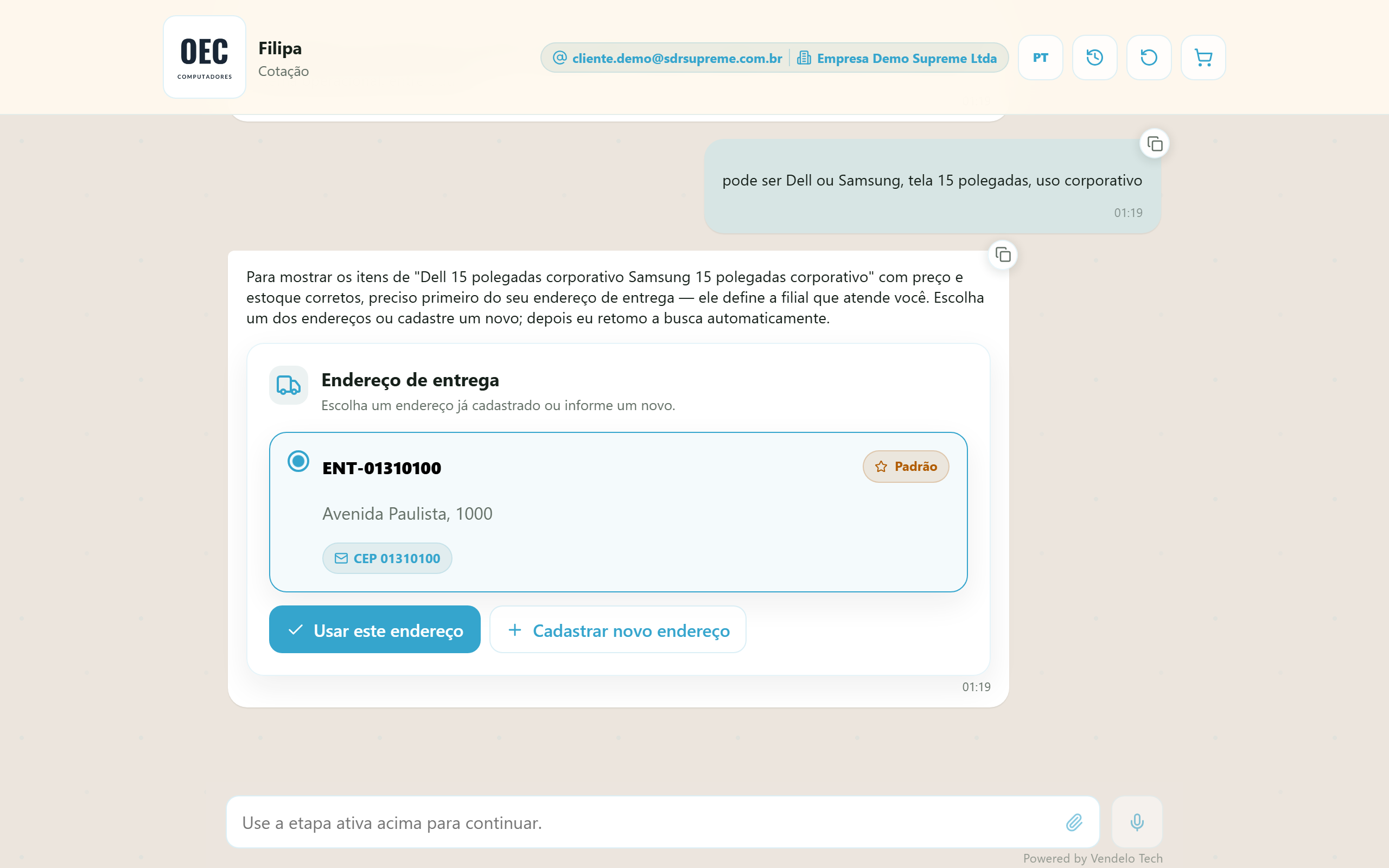 Widget de endereço de entrega — usar cadastrado ou cadastrar novo (desktop)