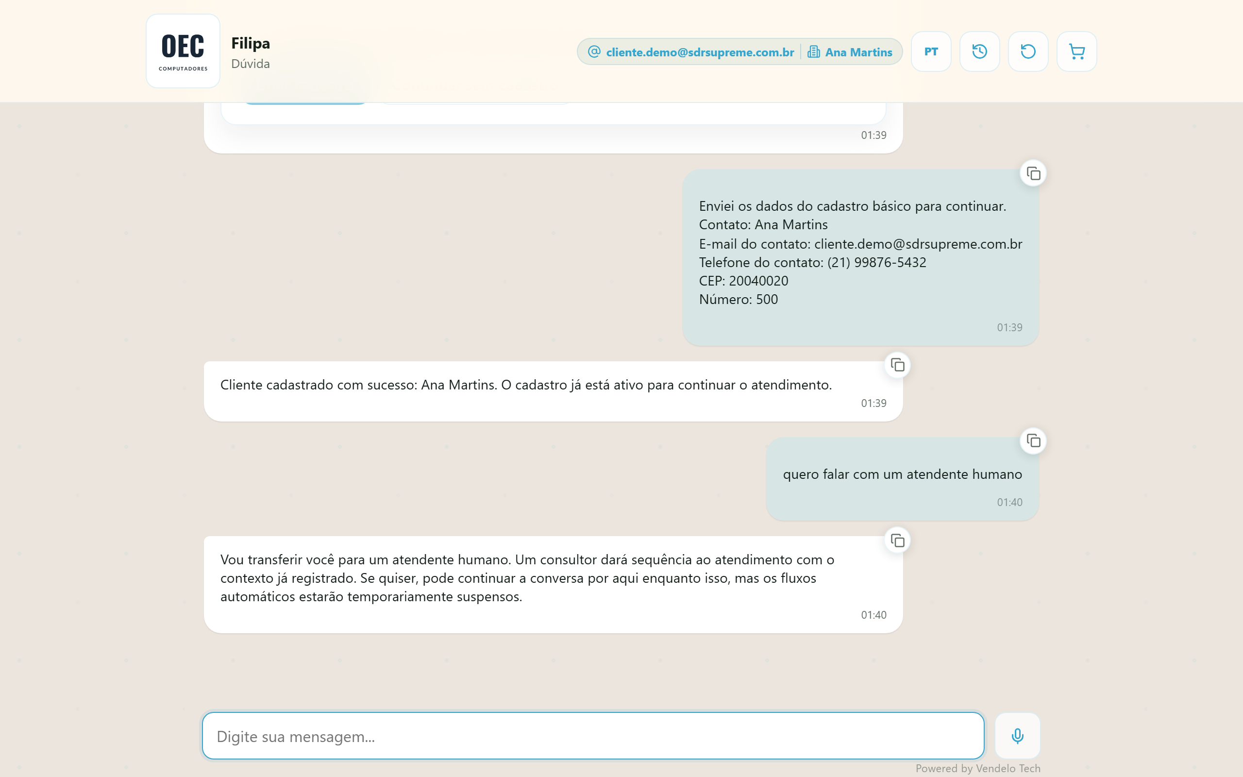Transbordo para consultor humano com fluxos automáticos suspensos (desktop)