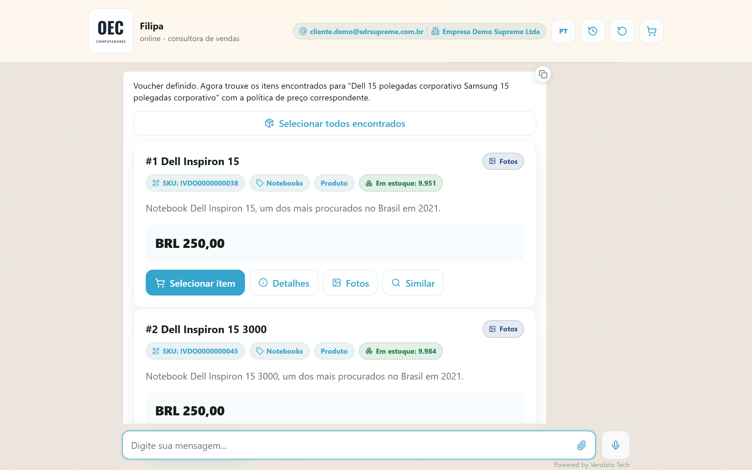 Resultado da busca em linguagem natural — cards com SKU, estoque, descrição e preço (desktop)
