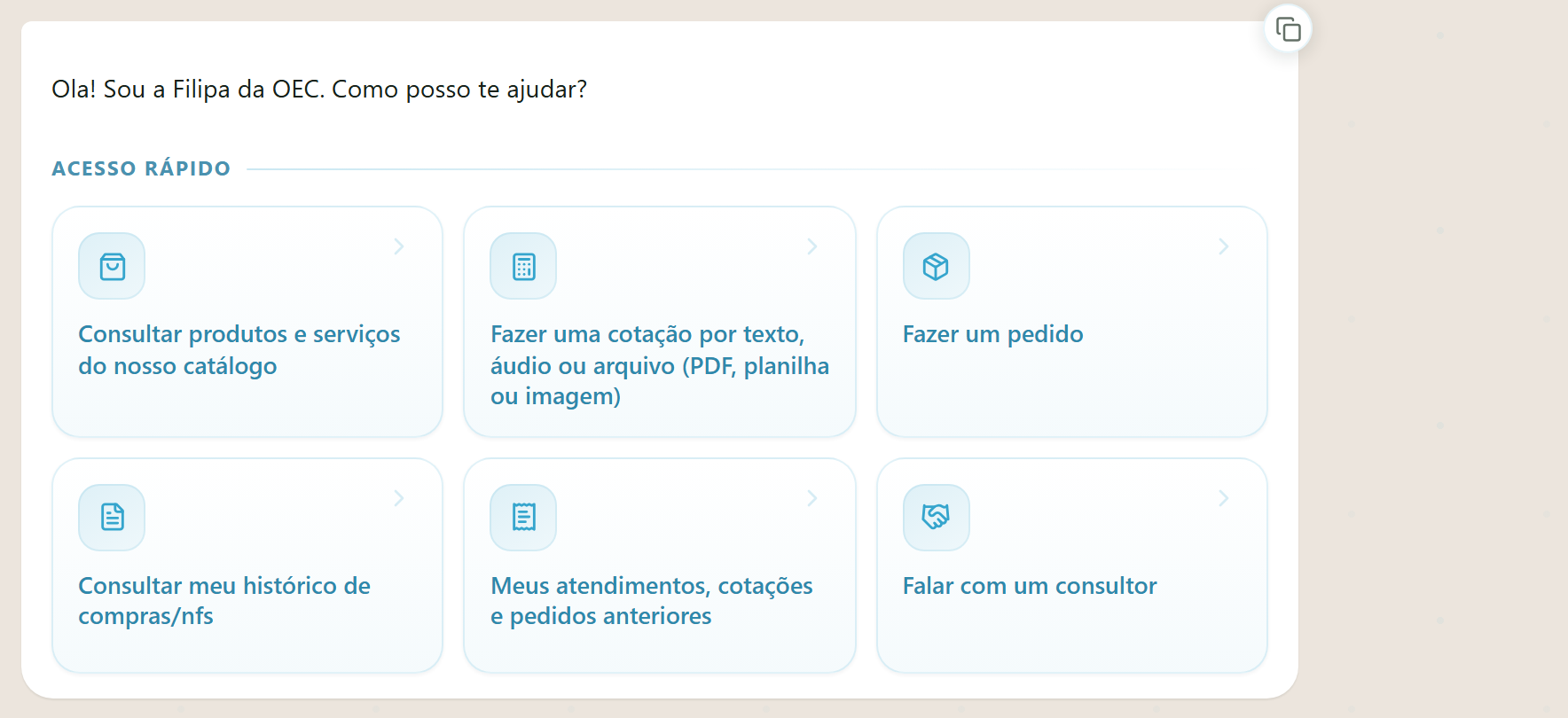 Tela inicial do assistente no desktop — saudação e ações de acesso rápido