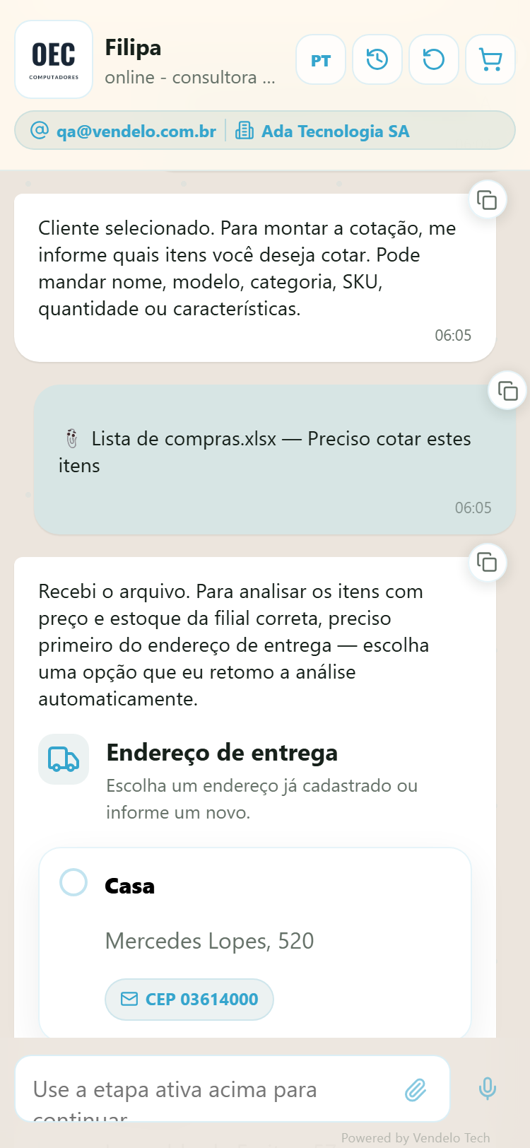 Anexo enviado no celular — o assistente recebe o arquivo e pede o endereço de entrega antes de precificar