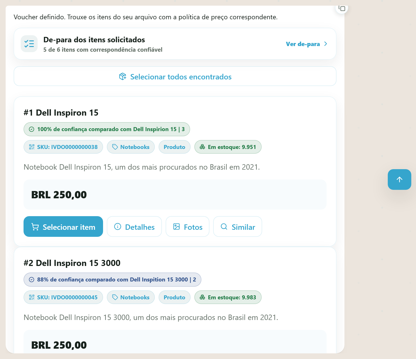 Resultado da análise do arquivo — resumo, de-para colapsado e cards já precificados com selo de confiança (desktop)