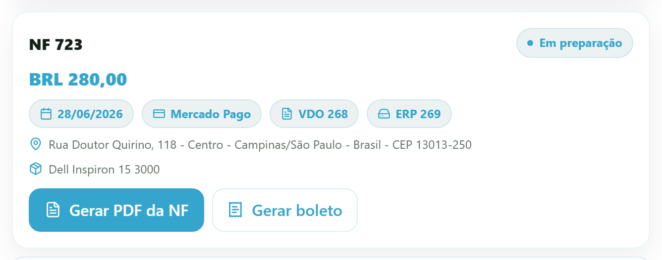 Card de uma nota em detalhe: NF 723, situação Em preparação, valor, data, condição de pagamento, números VDO e ERP, endereço com CEP e o item comprado (desktop)