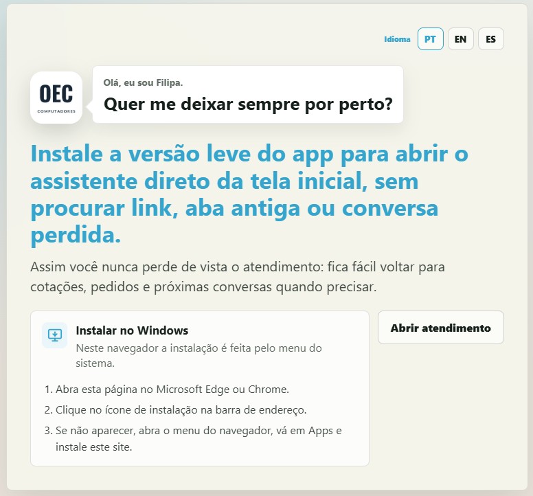 Convite de instalação no computador, com o passo a passo Instalar no Windows pelo Microsoft Edge ou Chrome