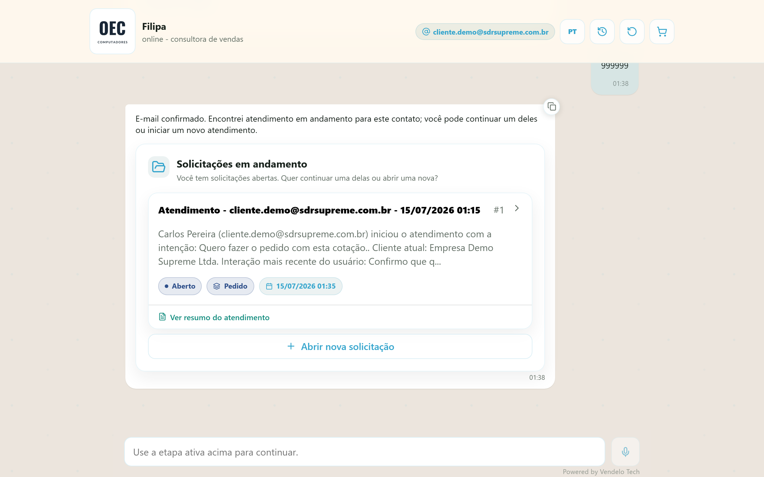 Widget de solicitações em andamento com resumo, status e etapa (desktop)