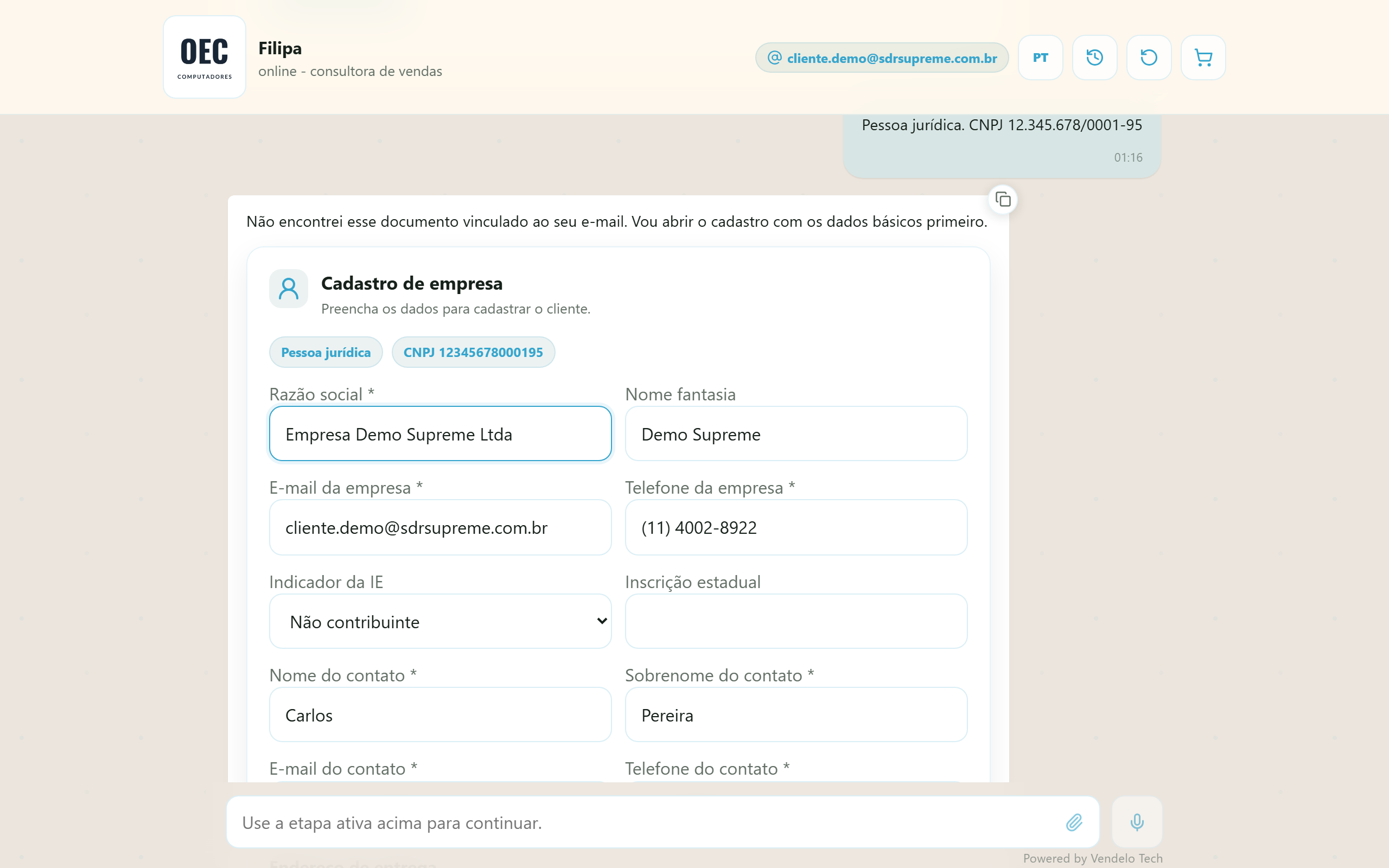 Cadastro de pessoa jurídica preenchido — razão social, contato, IE e endereço por CEP (desktop)