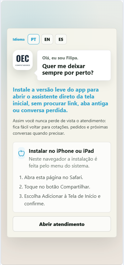 Convite de instalação no iPhone, com o passo a passo pelo Safari usando o botão Compartilhar e Adicionar à Tela de Início