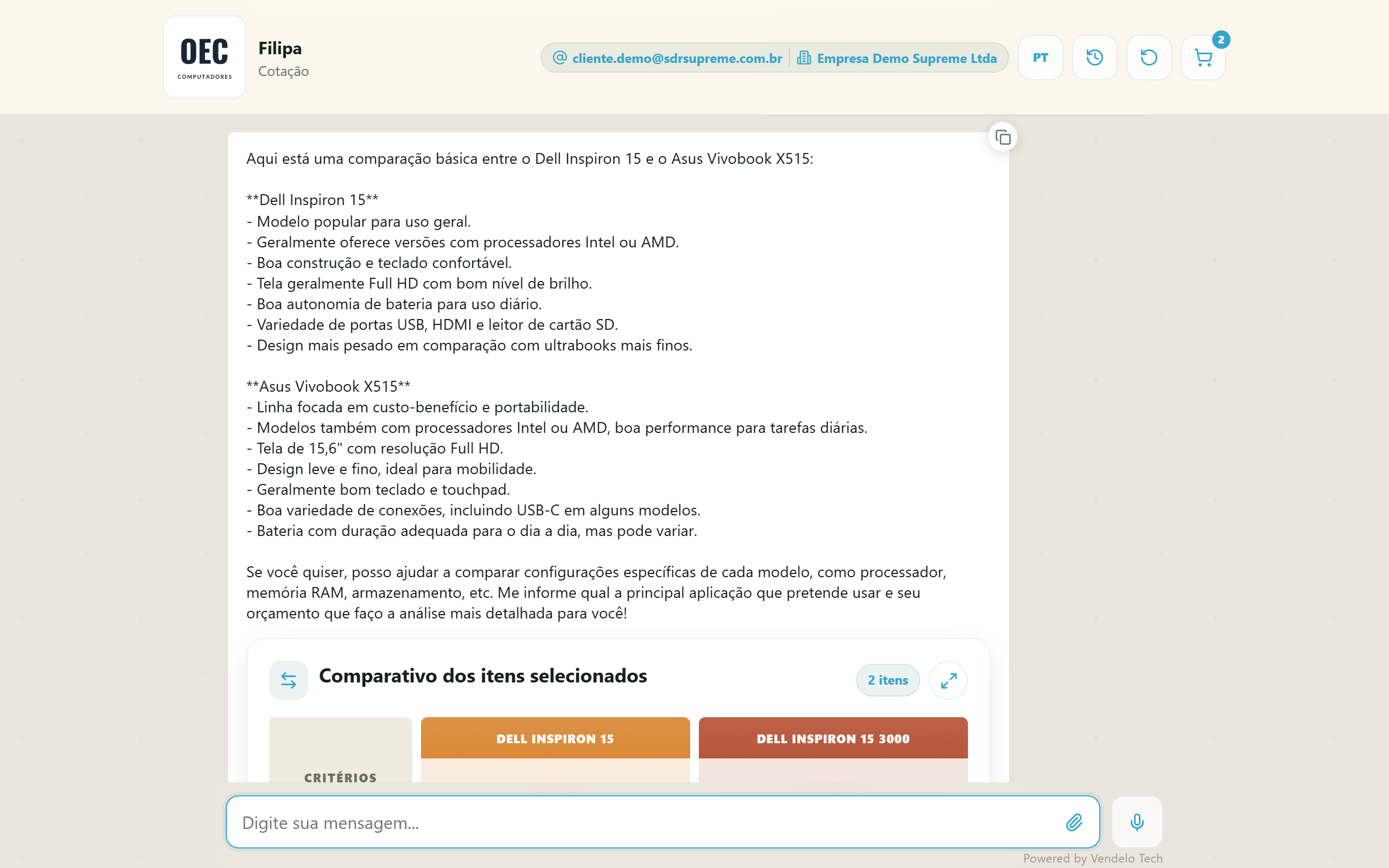 Dois itens selecionados com contador do carrinho no cabeçalho (desktop)