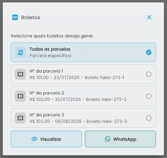 Modal Boletos listando Todas as parcelas selecionada e as parcelas 1, 2 e 3 com valor, data de vencimento e numero do boleto, alem dos botoes Visualizar e WhatsApp