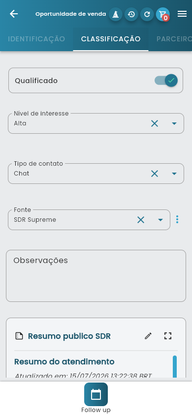 Aba Classificação da oportunidade no celular