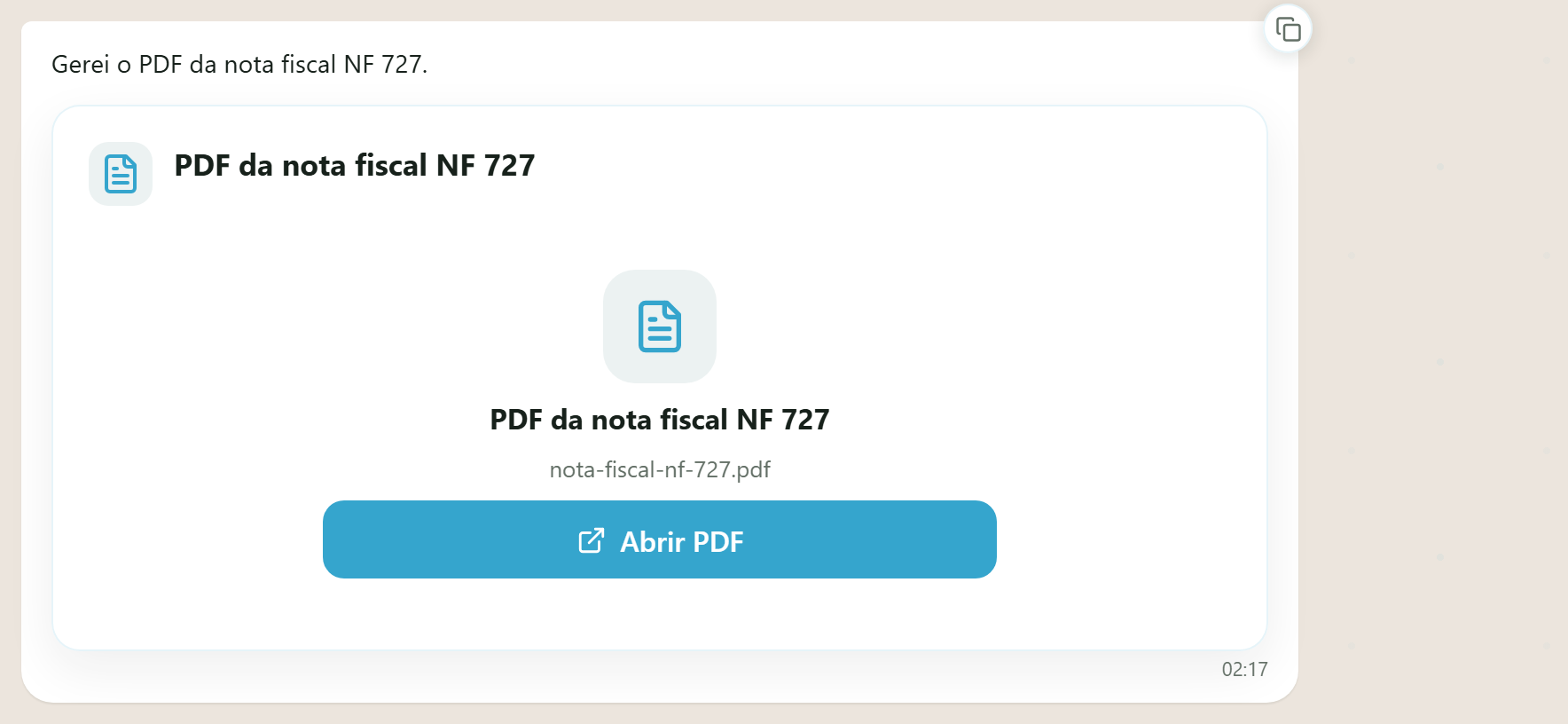 PDF da nota entregue na conversa — o número da NF aparece na mensagem, no título do anexo e no nome do arquivo (desktop)