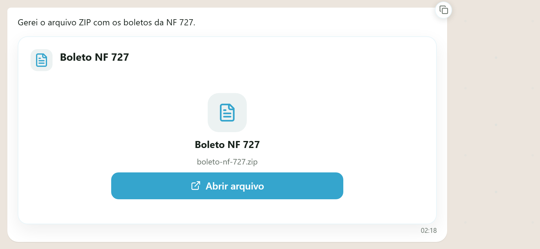 Boleto de nota parcelada — o assistente entrega um ZIP com todos os boletos e o botão Abrir arquivo (desktop)