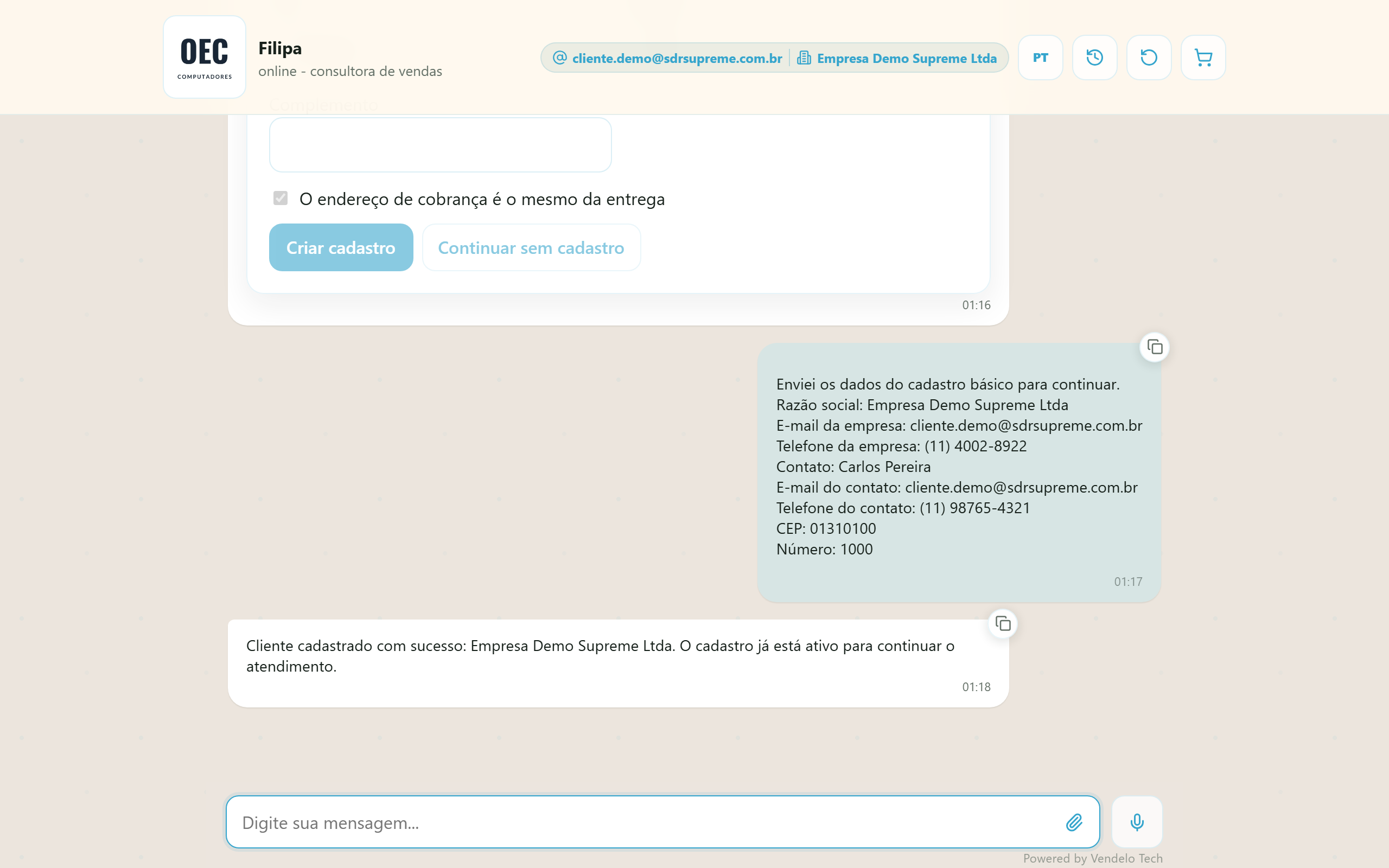 Confirmação: cliente Empresa Demo Supreme Ltda cadastrado com sucesso (desktop)
