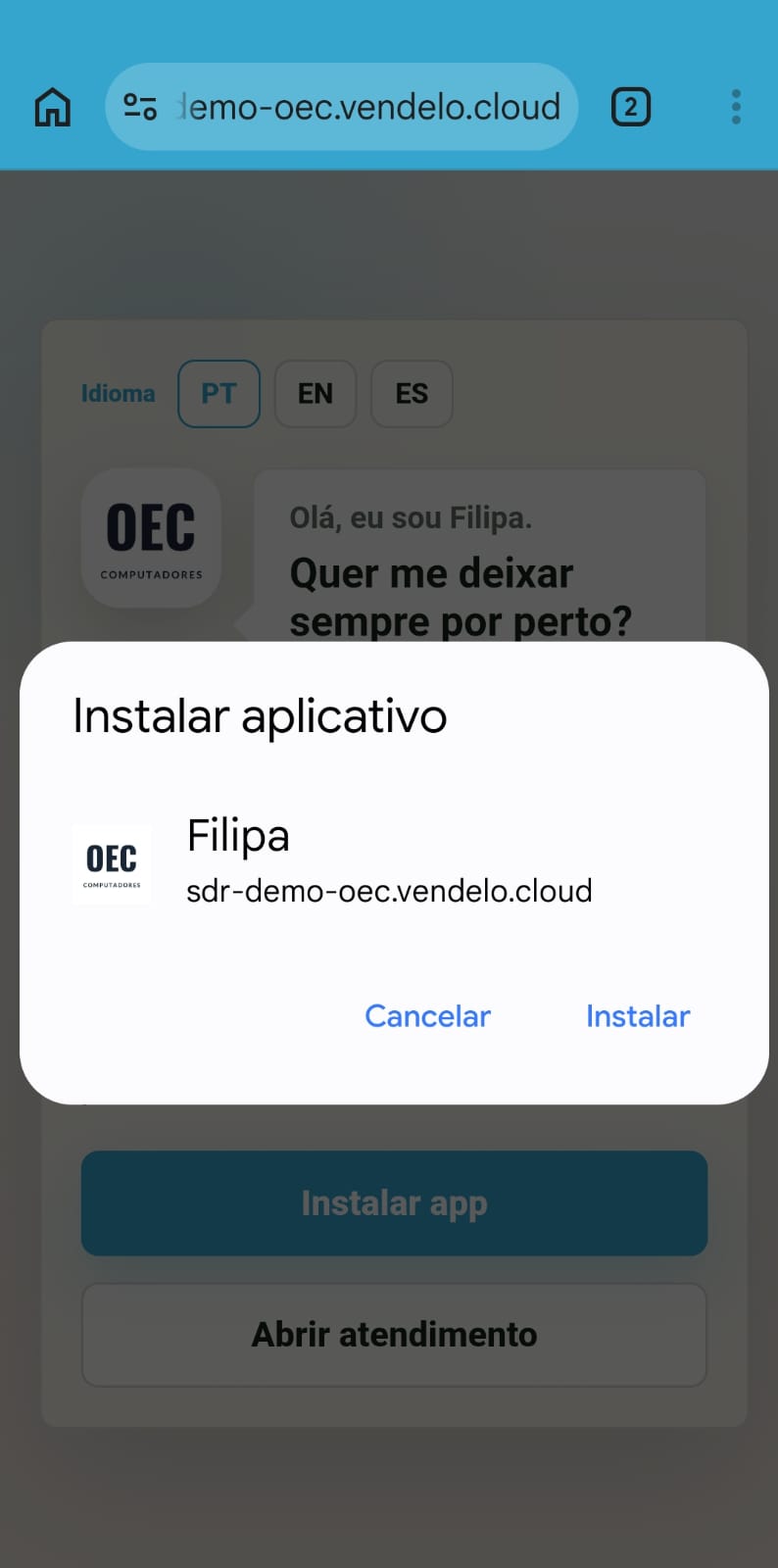 Caixa do sistema Instalar aplicativo mostrando o nome da persona, o logo da empresa e o endereço, com os botões Cancelar e Instalar