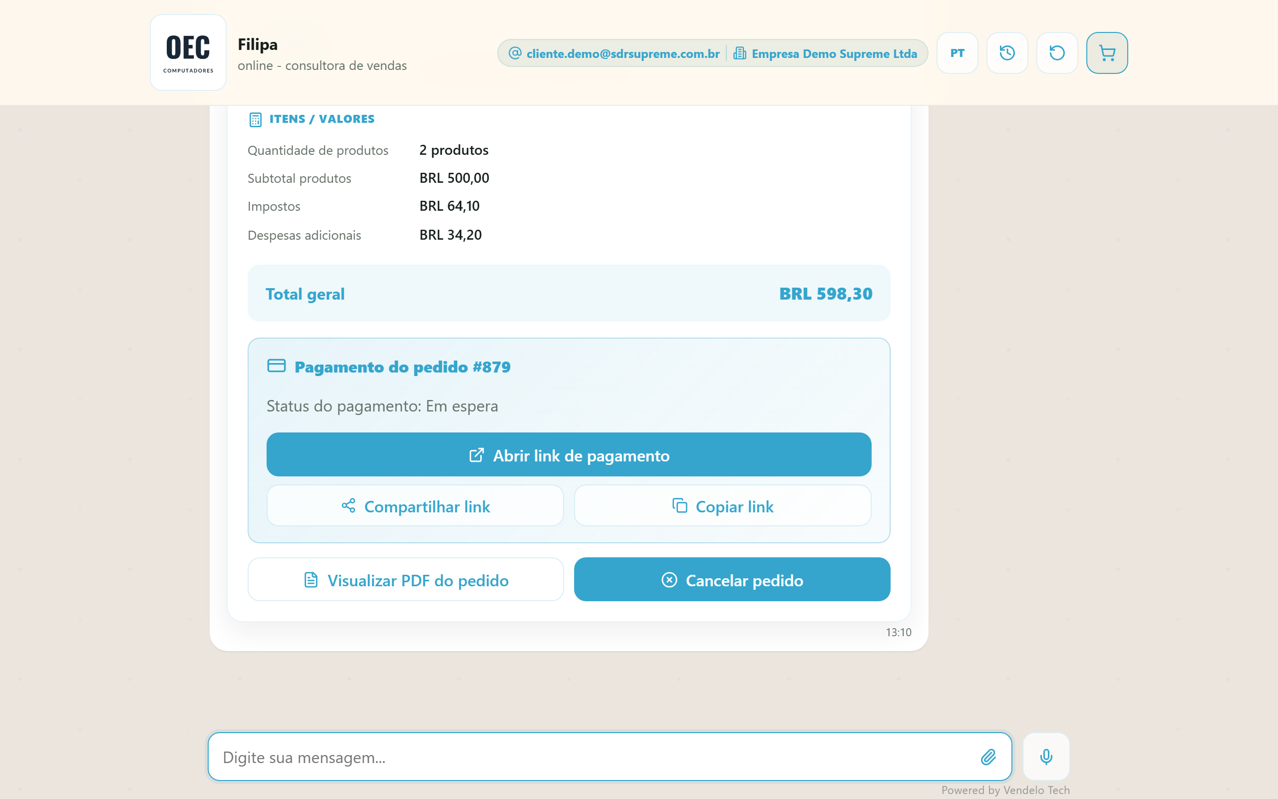 Bloco de pagamento do pedido — status Em espera e os botões Abrir/Compartilhar/Copiar link (desktop)