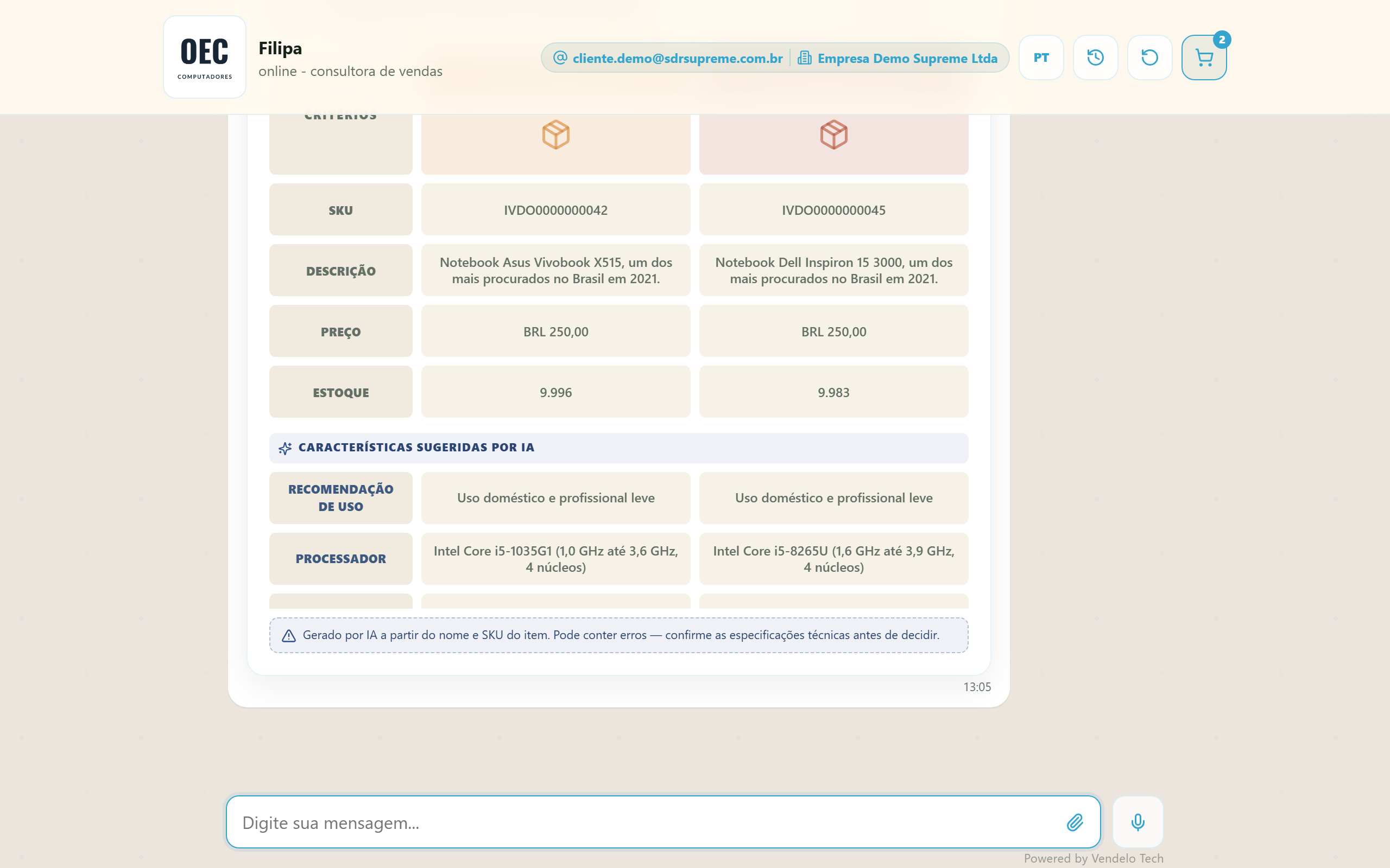 Tabela comparativa dos itens do carrinho, com critérios do catálogo e características por IA (desktop)