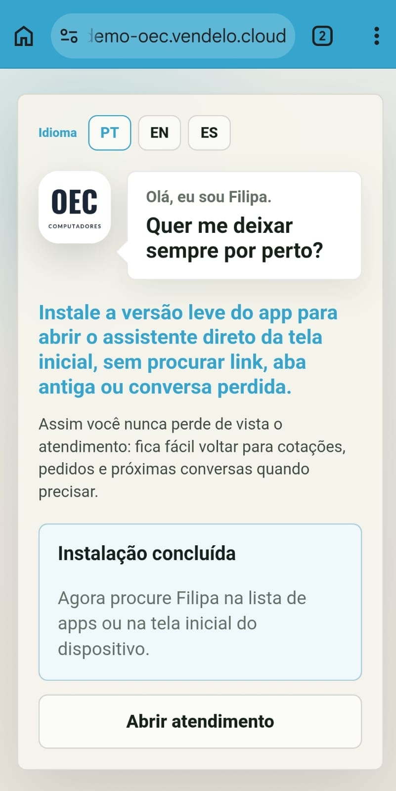Aviso de instalação concluída, orientando a procurar o app na lista de aplicativos ou na tela inicial