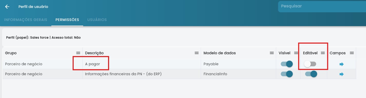 Tela Perfil de usuario na aba Permissoes, com a linha A pagar do modelo Payable destacada e o controle Editavel desligado