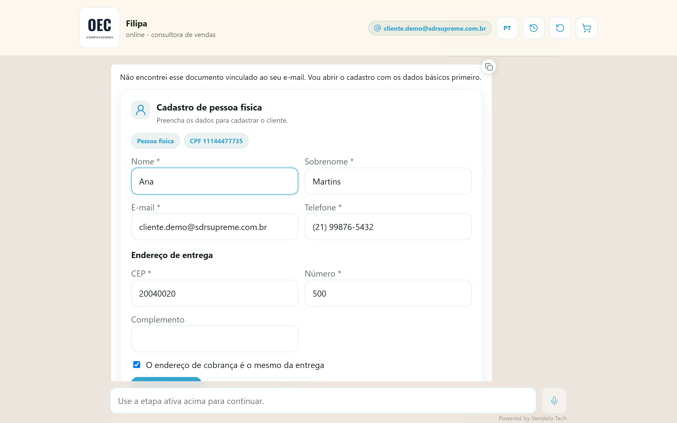 Cadastro de pessoa física preenchido — CPF, contato e endereço (desktop)