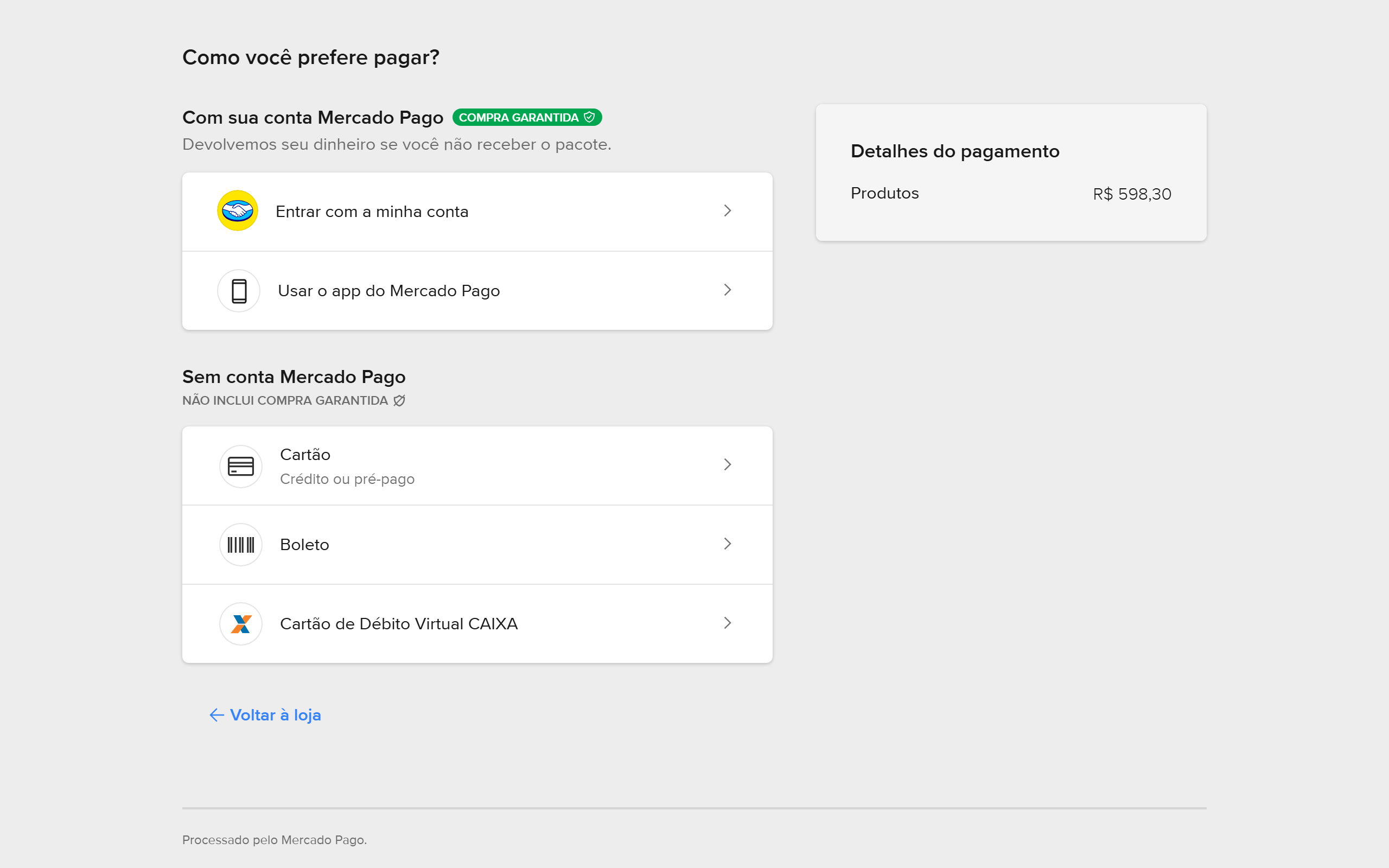 Checkout do Mercado Pago aberto pelo card, com o valor do pedido em Detalhes do pagamento (desktop)