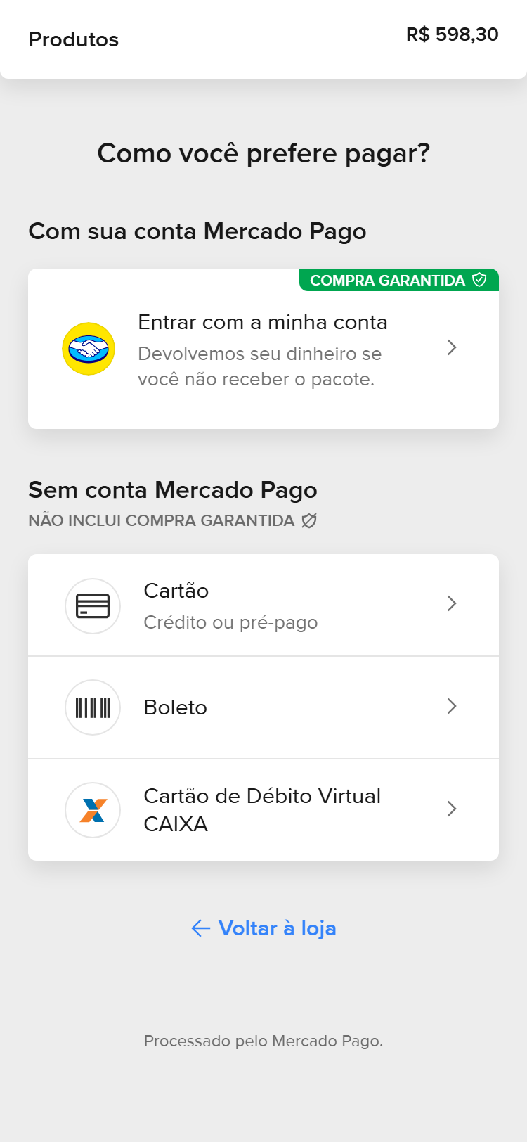 Checkout do Mercado Pago no celular — valor no topo e formas de pagamento