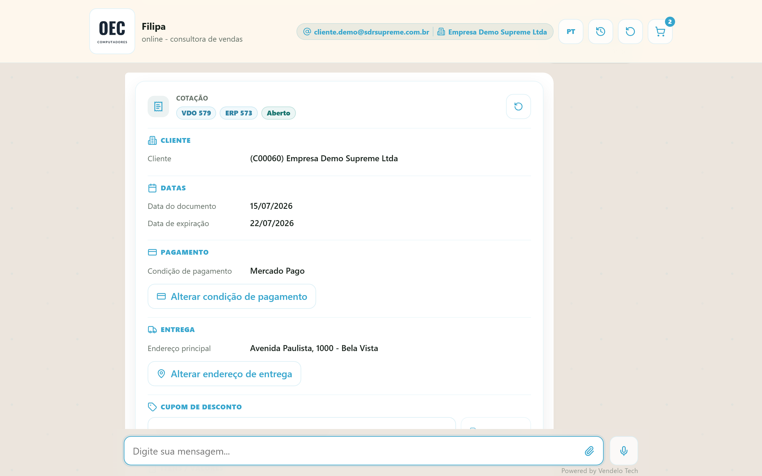 Card da cotação salva — números VDO/ERP, cliente, datas, pagamento e entrega (desktop)