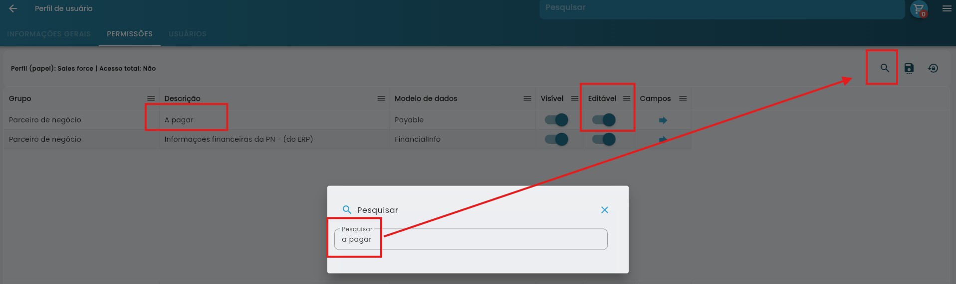 Tela Perfil de usuario na aba Permissoes, com a pesquisa por A pagar, a linha A pagar do modelo Payable destacada e o controle Editavel ligado