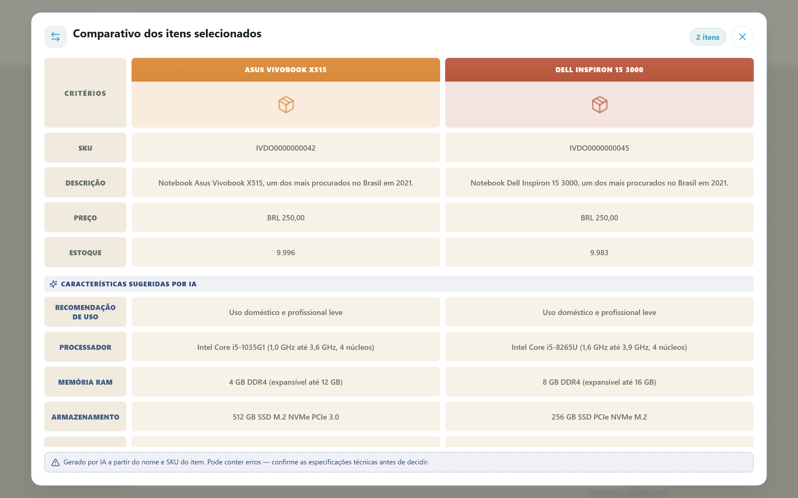 Comparativo aberto em tela cheia — leitura confortável de catálogos técnicos (desktop)