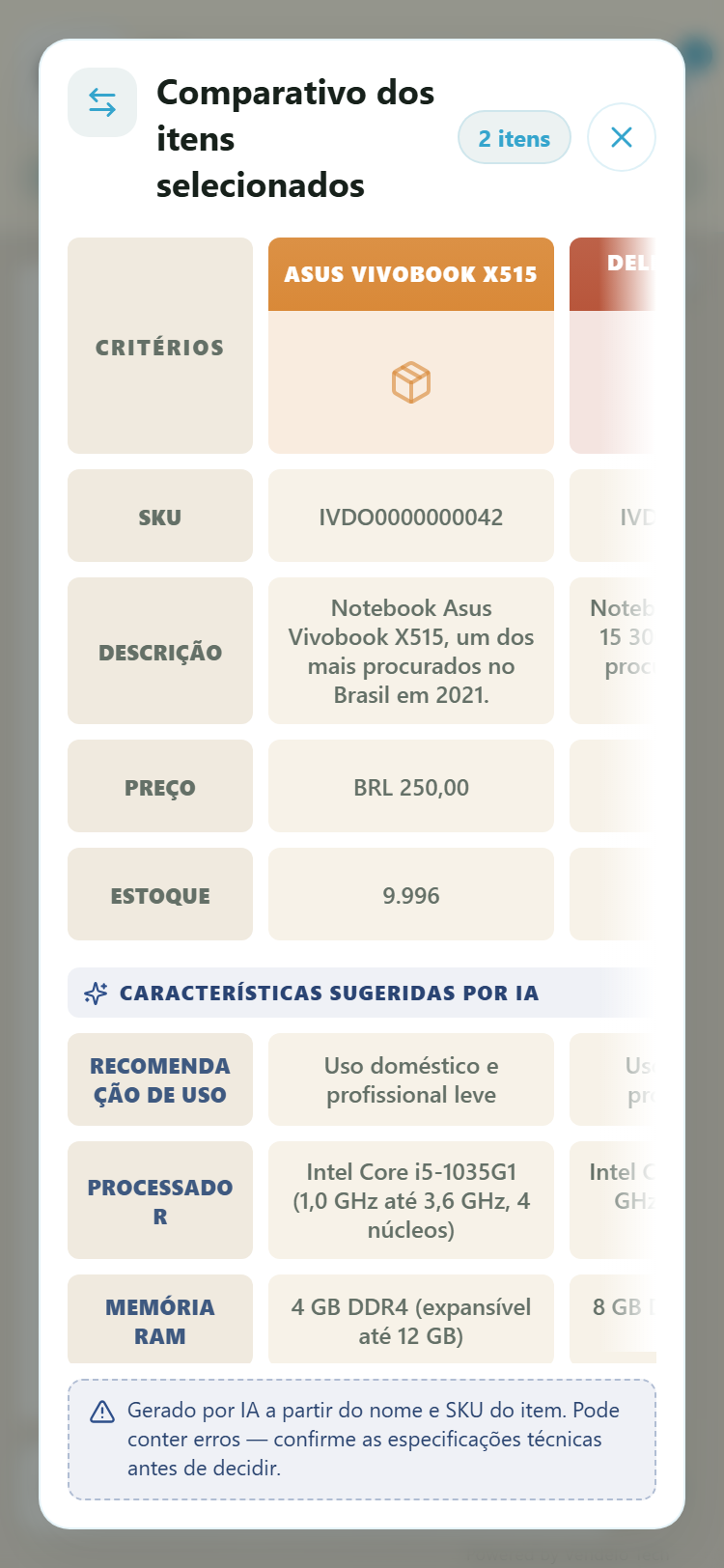 Comparativo em tela cheia no celular