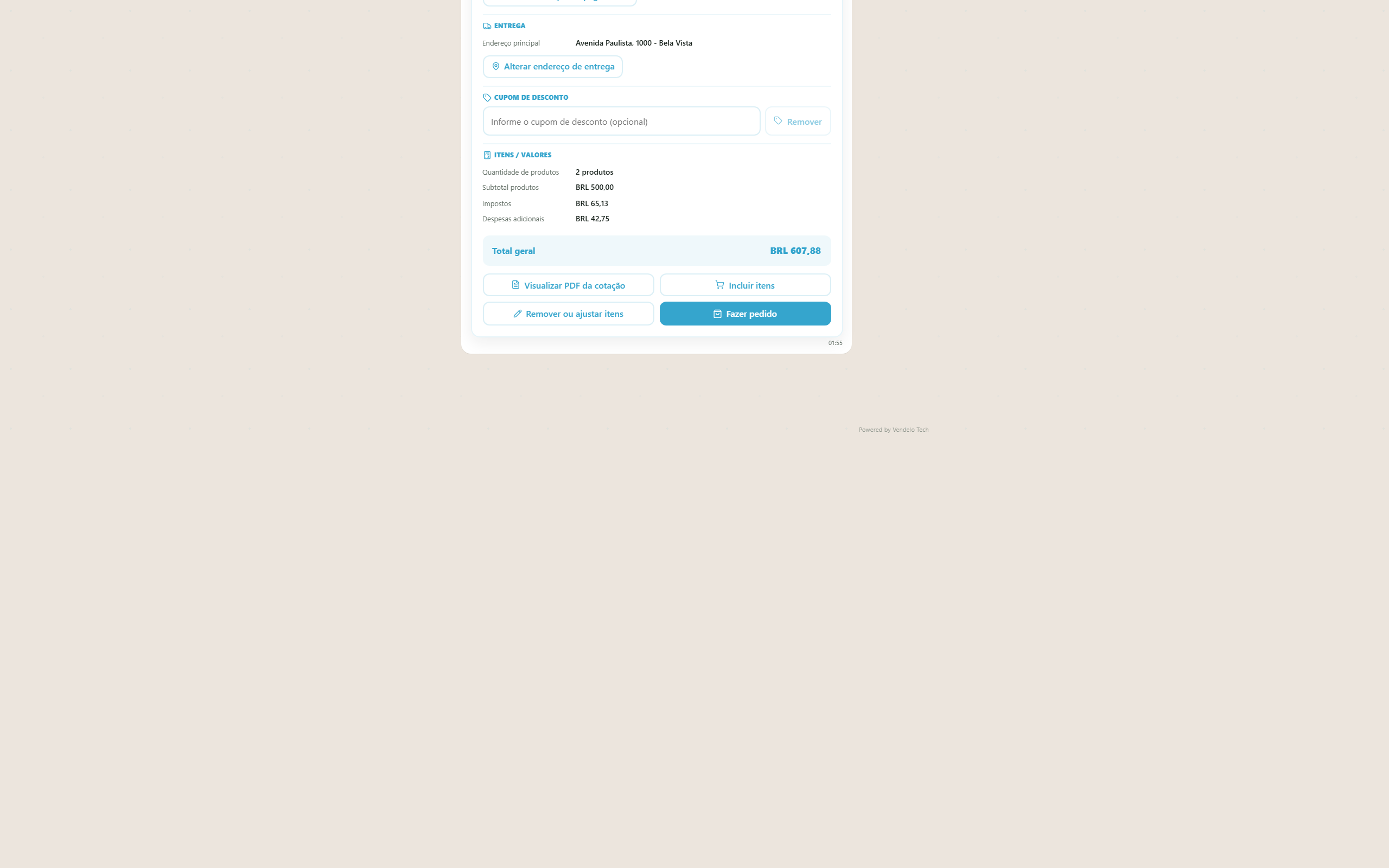 Rodapé do card da cotação — totais e ações: PDF, incluir itens, ajustar, fazer pedido (desktop)