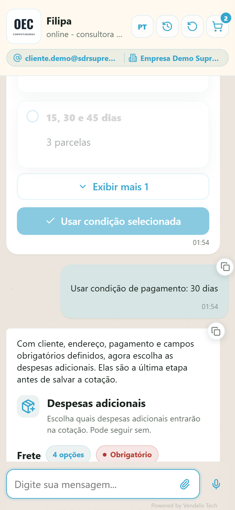 Rodapé da cotação no celular